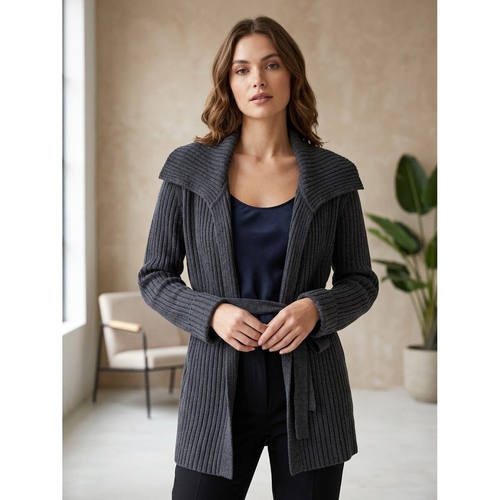Jeanne Pierre Charcoal Gray Ribbed Cotton Shawl Collar Belted Cardigan Large